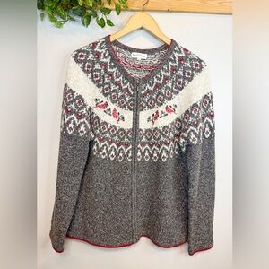 Northern Reflections Zippered Cardigan Cardinal Grey and White Embroidered Bead